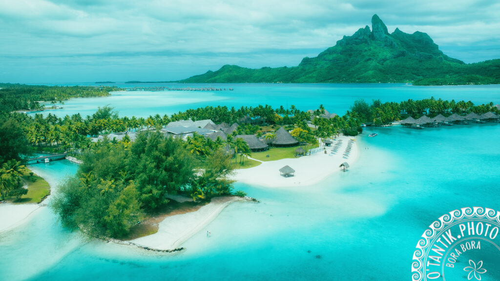 Aerial view by drone - St Regis Bora Bora resort